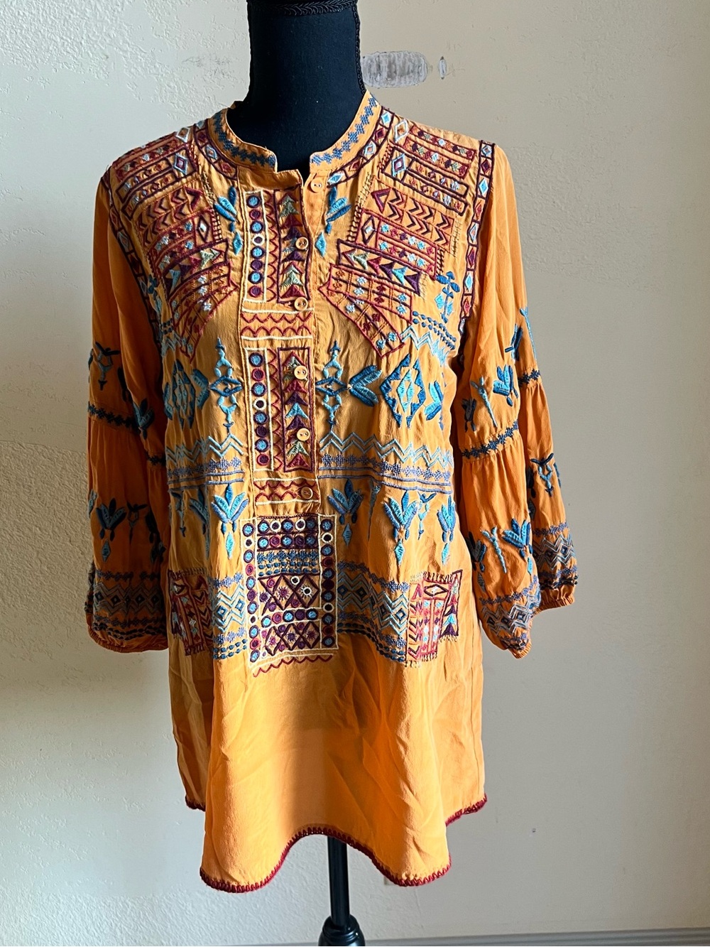 Johnny Was Mustard Tunic with Blue & Burgundy Embroidery